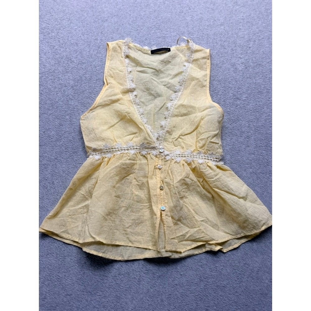 Zara Yellow Lace Trim Peplum Tank Top Sleeveless V-Neck Button Down Blouse XS